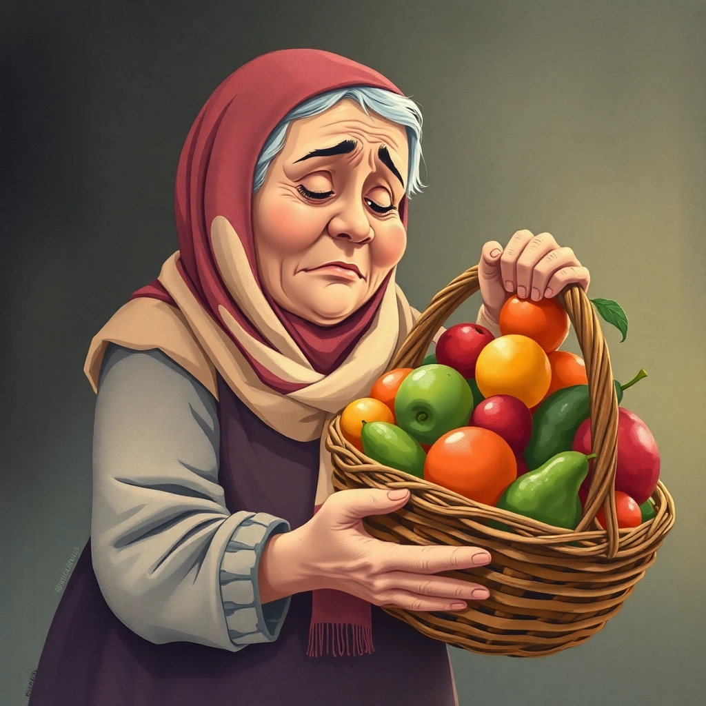 Illustration for Children's Books, the auntie wears scarf fully, as she has difficult to lift with her hand the heavy basket with overflowing fruits. The light is dim, emphasizing her distress, high angle shot. pastel colors