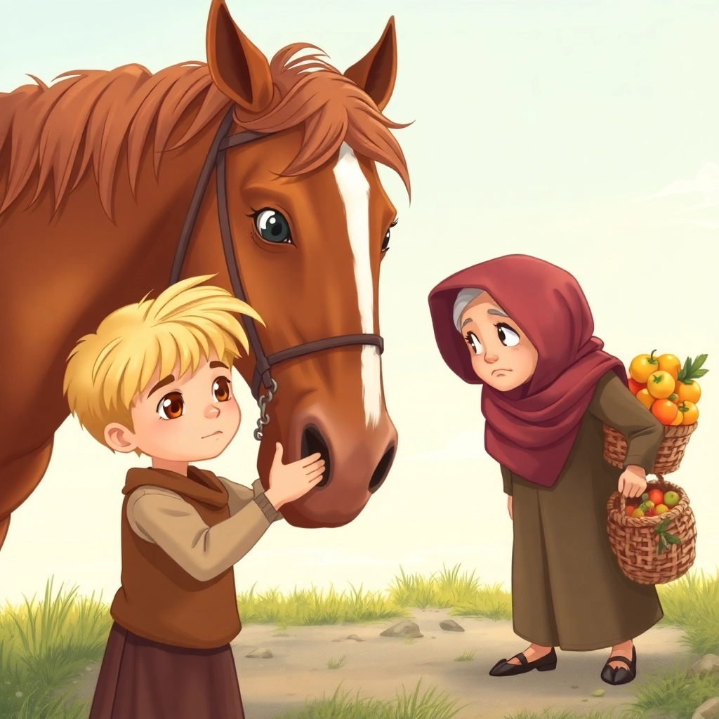 Illustration for Children's Books, Musab, little boy with blonde hair, wears brown, looking determined, pats Sahra's neck. Sahra, the brown friendly horse, looks towards the old muslim woman wears scarf, with concerned face, carrying basket overflowing fruits. full distance view, pastel colors