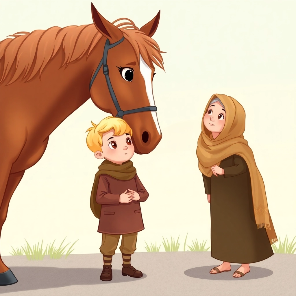Illustration for Children's Books, Musab, little boy with blonde hair, wears brown, stands near Sahra, the brown friendly horse, addressing the old woman wears scarf with a polite expression. The old woman wears scarf looks up surprised.. full distance view, pastel colors