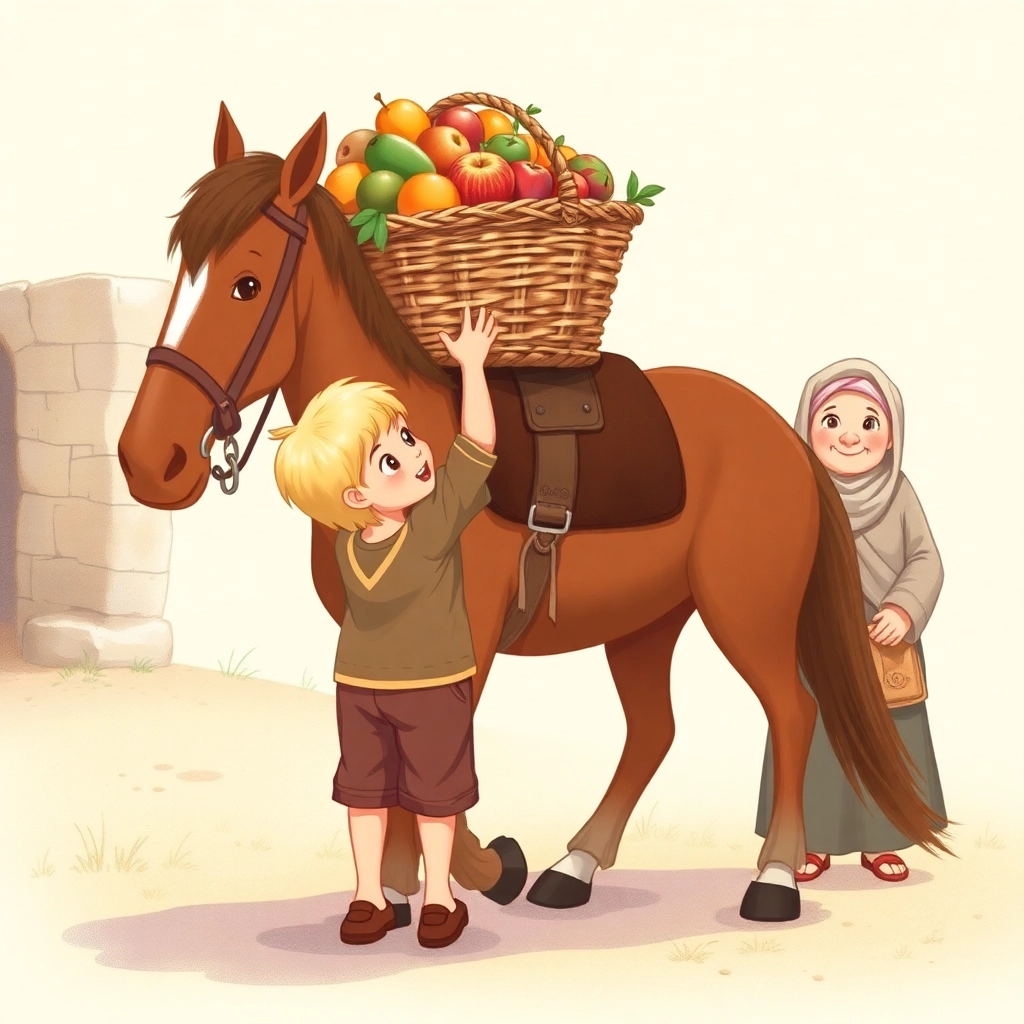 A heartwarming children's book illustration in pastel colors. Sahra, the brown, helpful horse, kneels down gently, making it easier for Musab, a little boy with blonde hair wearing brown pants and shoes, to carefully lift and secure a heavy basket overflowing with fruits onto her back. The basket is properly positioned and fastened on Sahra’s back. Nearby, the old auntie woman, wearing a scarf, watches with gratitude, her face filled with warmth. Full-distance view, capturing a tender and cooperative moment.