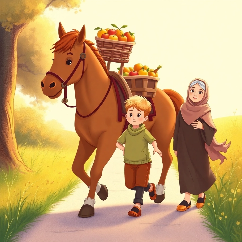 A heartwarming children's book illustration in pastel colors. Sahra, the brown, friendly horse, carries a basket overflowing with fruits on its back while walking alongside Musab, a little boy with blonde hair wearing brown pants, and an old auntie woman with a scarf. They are strolling together along a sunlit path, surrounded by a warm, peaceful atmosphere. Full-distance view, soft and inviting lighting.