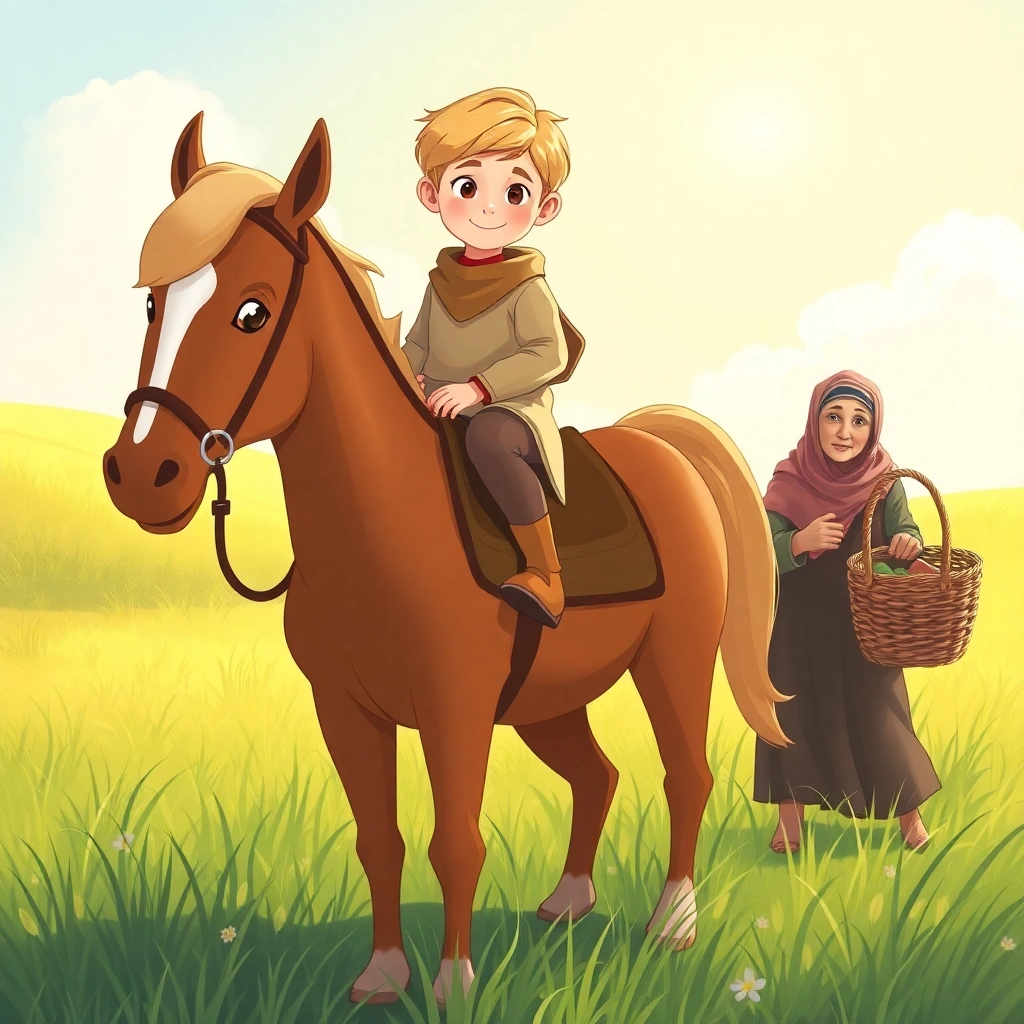 Musab, a little boy with blonde hair, sits atop Sahra, a brown friendly horse, in a sunlit meadow. They are facing forward, suggesting a journey ahead. In the background, an old woman struggles with a heavy basket, hinting at the help they will provide.