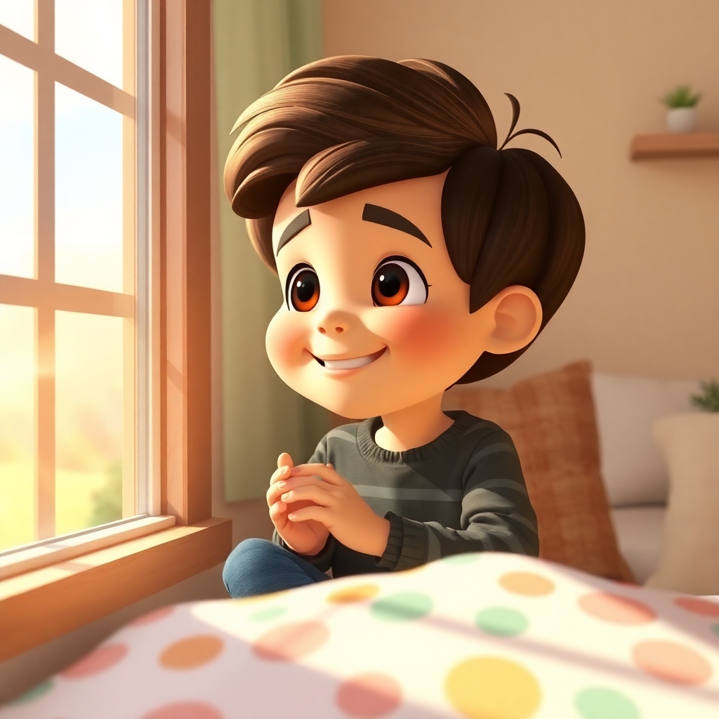 Omar, 3 years old boy with little wavy brown hair, energetic, helpful, joyful, sitting in his cozy room, looking out the window with excitement. The room is bathed in (warm morning light:1.2). (pastel colors:1.3).