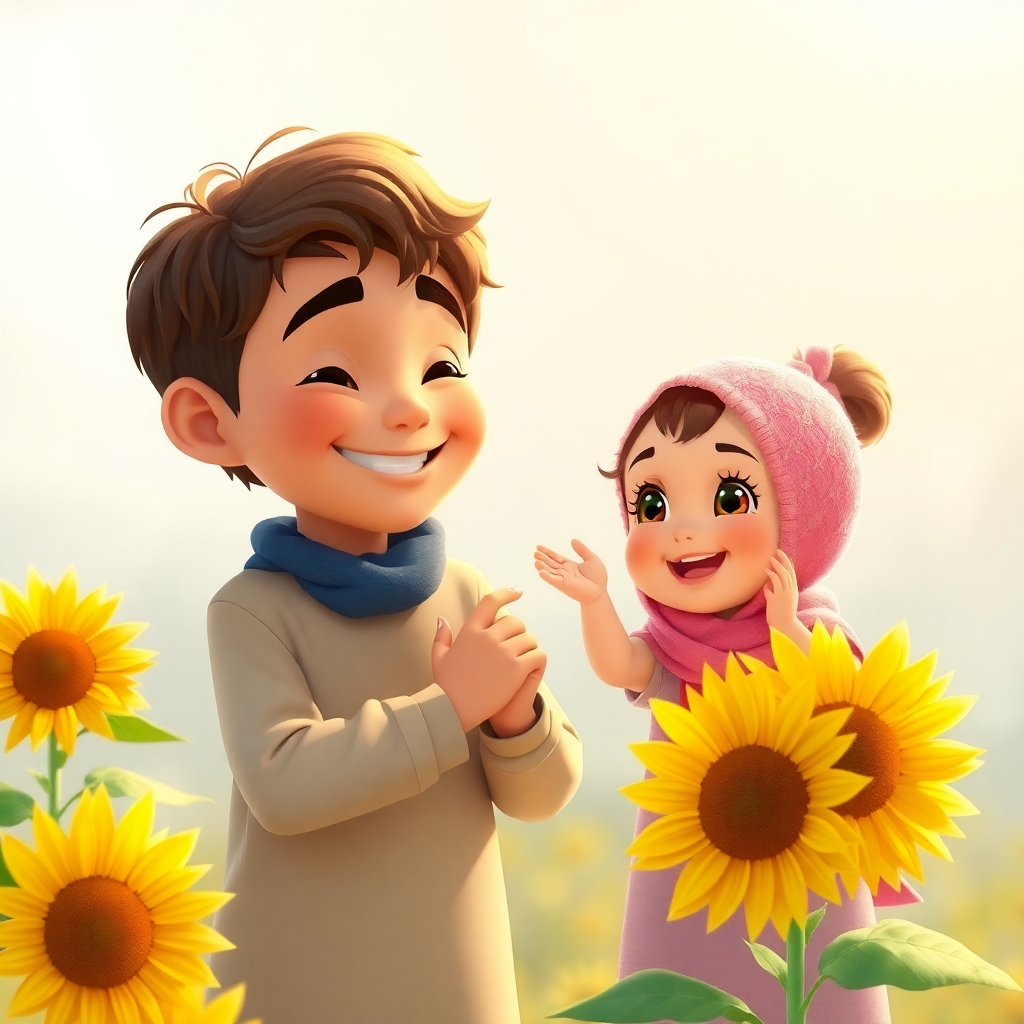 Omar, 3 years old boy with little wavy brown hair, energetic, helpful, joyful, smiling and touching his heart, understanding the power of kindness, with Maryam, 1 year old girl, curious, clapping her hands. (warm sunlight:1.2). (peaceful atmosphere:1.3).
