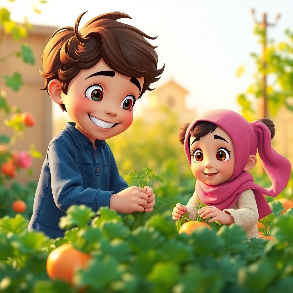 Omar, 3 years old boy with little wavy brown hair, energetic, helpful, joyful, and Maryam, 1 year old girl, curious, picking vegetables from their bountiful garden, ready to share them with their neighbors. (golden hour lighting:1.2). (abundant harvest:1.3).