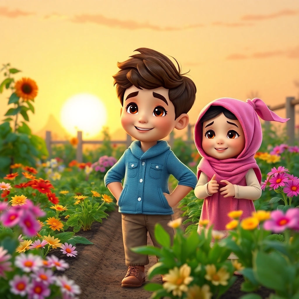 Omar, 3 years old boy with little wavy brown hair, energetic, helpful, joyful, standing proudly in his flourishing garden, with Maryam, 1 year old girl, curious, smiling at him. The garden is filled with colorful flowers and vegetables. (warm sunset:1.2). (happy and content atmosphere:1.3).