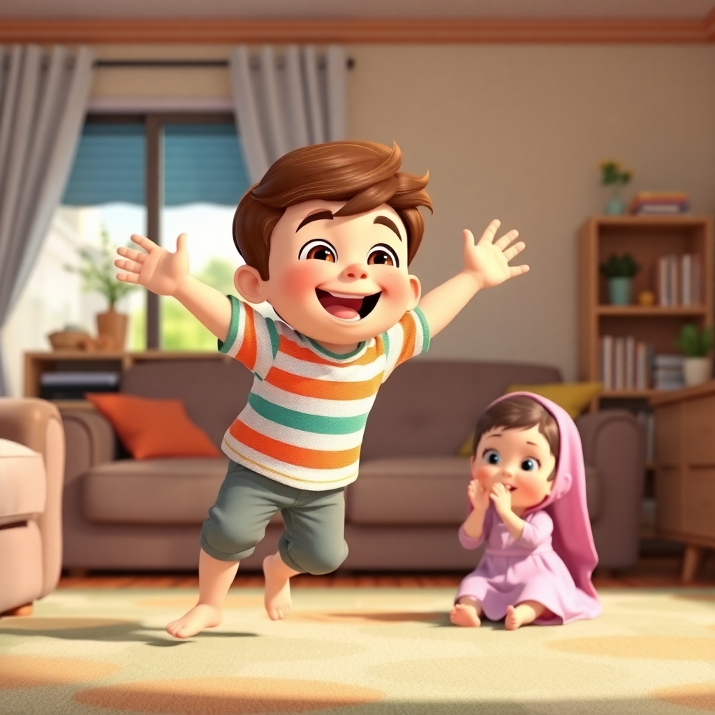 Omar, 3 years old boy with little wavy brown hair, energetic, helpful, joyful, jumping with excitement in the living room, while Maryam, 1 year old girl, curious, watches him, clapping her hands. (bright colors:1.3). (playful atmosphere:1.2).