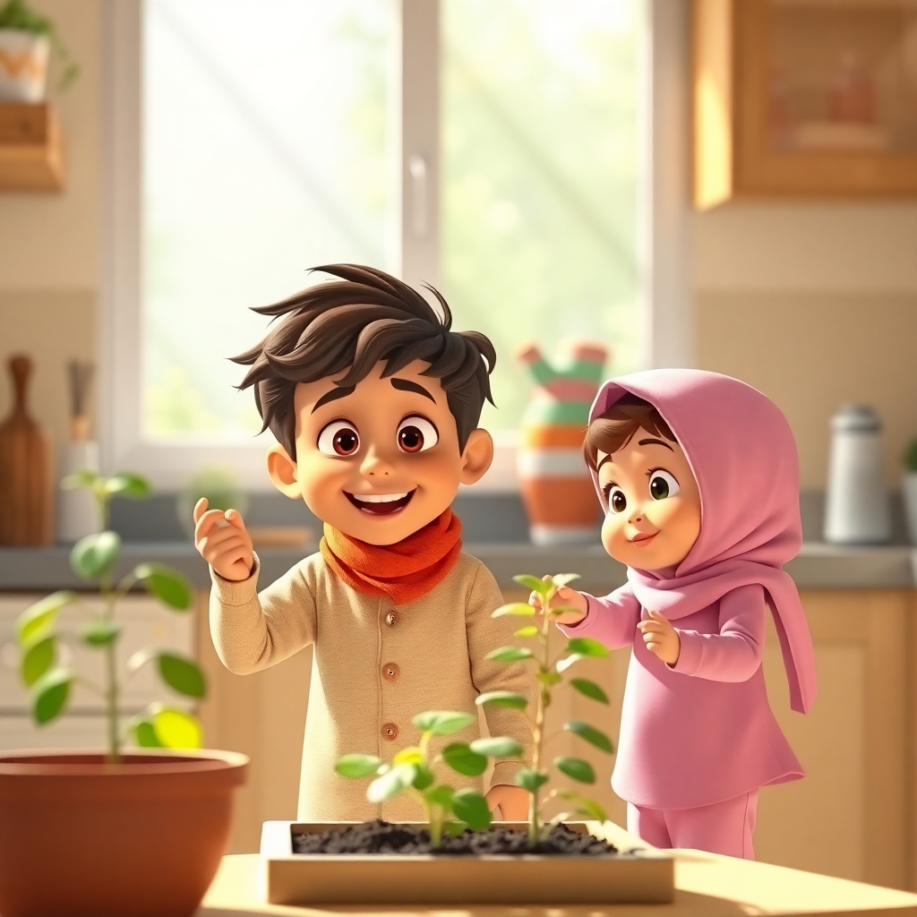 Omar, 3 years old boy with little wavy brown hair, energetic, helpful, joyful, and Maryam, 1 year old girl, curious, standing with their mom in a sunny kitchen. Omar is excited about the idea of planting a garden, while Maryam reaches for a plant. (soft lighting:1.2). (warm colors:1.3).