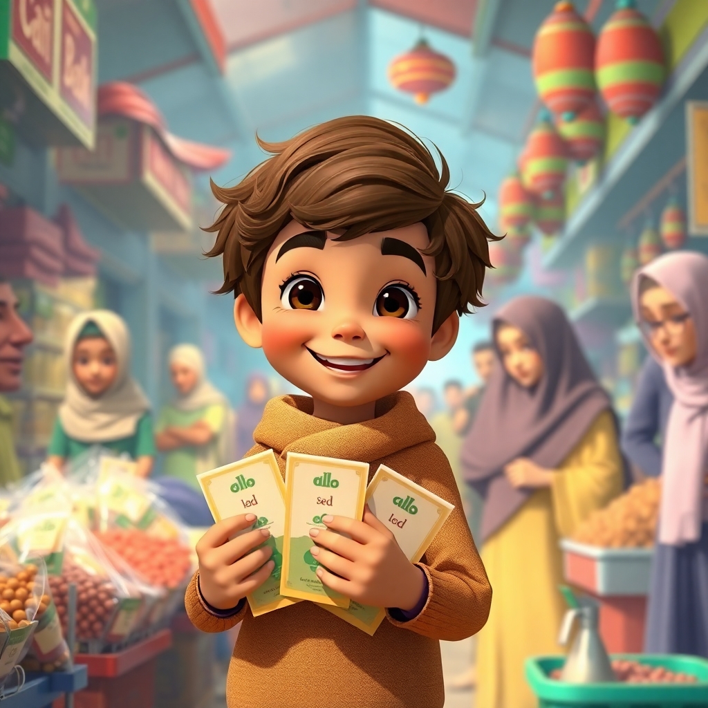 Omar, 3 years old boy with little wavy brown hair, energetic, helpful, joyful, holding seed packets in a bustling market, his family stands beside him. The market is filled with colorful stalls and people. (daytime:1.2). (vibrant colors:1.3).