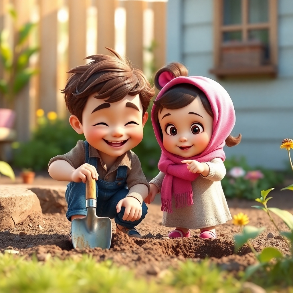 Omar, 3 years old boy with little wavy brown hair, energetic, helpful, joyful, digging holes in the garden with a small shovel, while Maryam, 1 year old girl, curious, watches him, pointing at an earthworm. (sunny day:1.2). (earthy tones:1.3).
