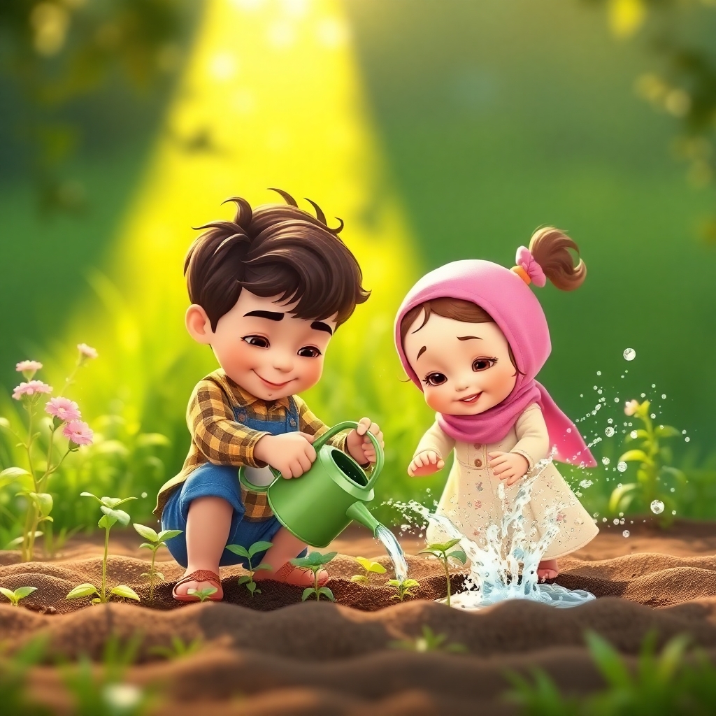 Omar, 3 years old boy with little wavy brown hair, energetic, helpful, joyful, carefully watering the seeds with a watering can, while Maryam, 1 year old girl, curious, splashes water on the plants. (gentle sunlight:1.2). (lush green background:1.3).