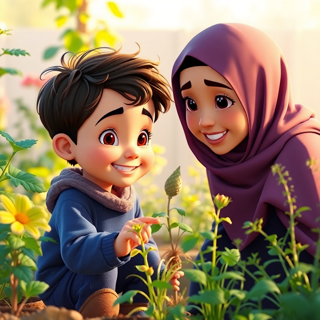 Omar, 3 years old boy with little wavy brown hair, energetic, helpful, joyful, looking at the plants in the garden with a puzzled expression, his mom kneeling beside him, pointing at the different plants. (soft afternoon light:1.2). (natural colors:1.3).