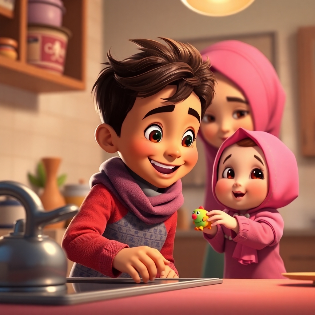 Omar, 3 years old boy with little wavy brown hair, energetic, helpful, joyful, helping his mom wash dishes, with Maryam, 1 year old girl, curious, handing him a toy. (warm indoor lighting:1.2). (cozy atmosphere:1.3).