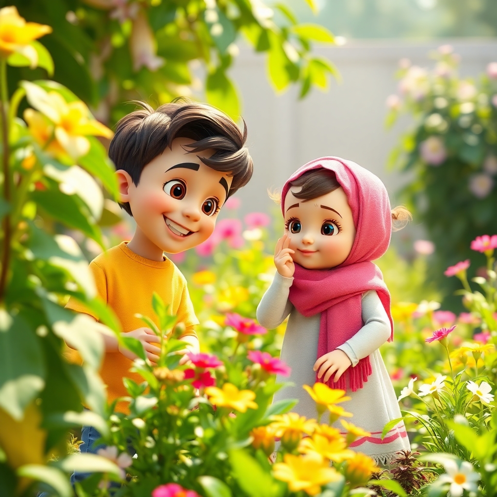 Omar, 3 years old boy with little wavy brown hair, energetic, helpful, joyful, looking at the plants in the garden with amazement, while Maryam, 1 year old girl, curious, blows kisses to the plants. The plants are vibrant and healthy. (bright daylight:1.2). (colorful flowers:1.3).