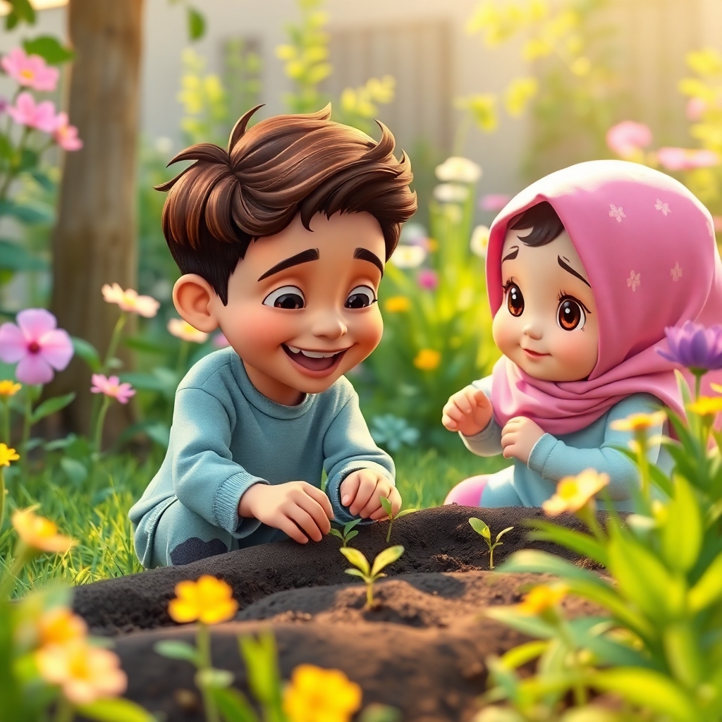Omar, 3 years old boy with little wavy brown hair, energetic, helpful, joyful, is planting seeds in a garden bed, while Maryam, 1 year old girl, curious, watches him with fascination. The garden is filled with blooming flowers and lush greenery, symbolizing growth and new beginnings during Ramadan. (bright colors:1.3). (warm lighting:1.2).
