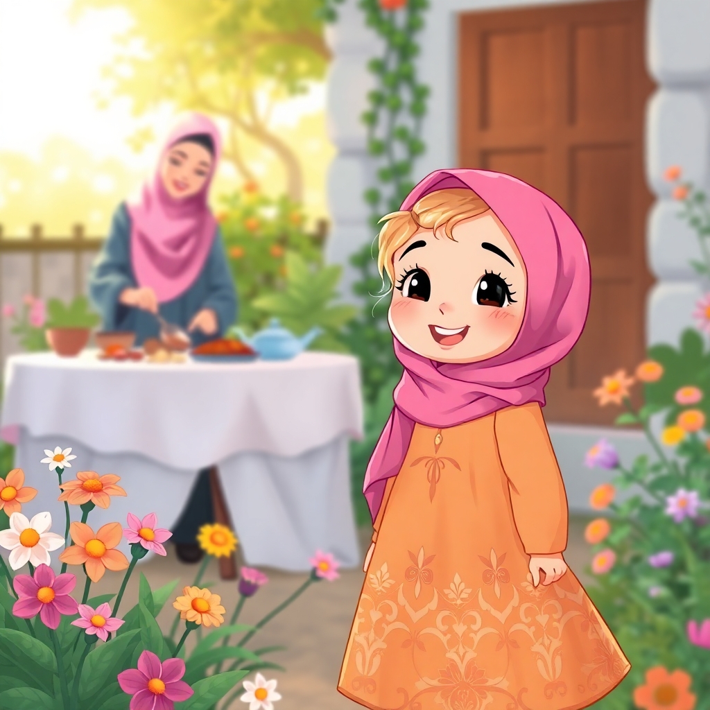 Rayyan, a little girl, blonde, joyful, energetic, in her garden with colorful flowers. Her mommy is in the background preparing food on a table. (bright colors:1.3), (sunny morning:1.2).