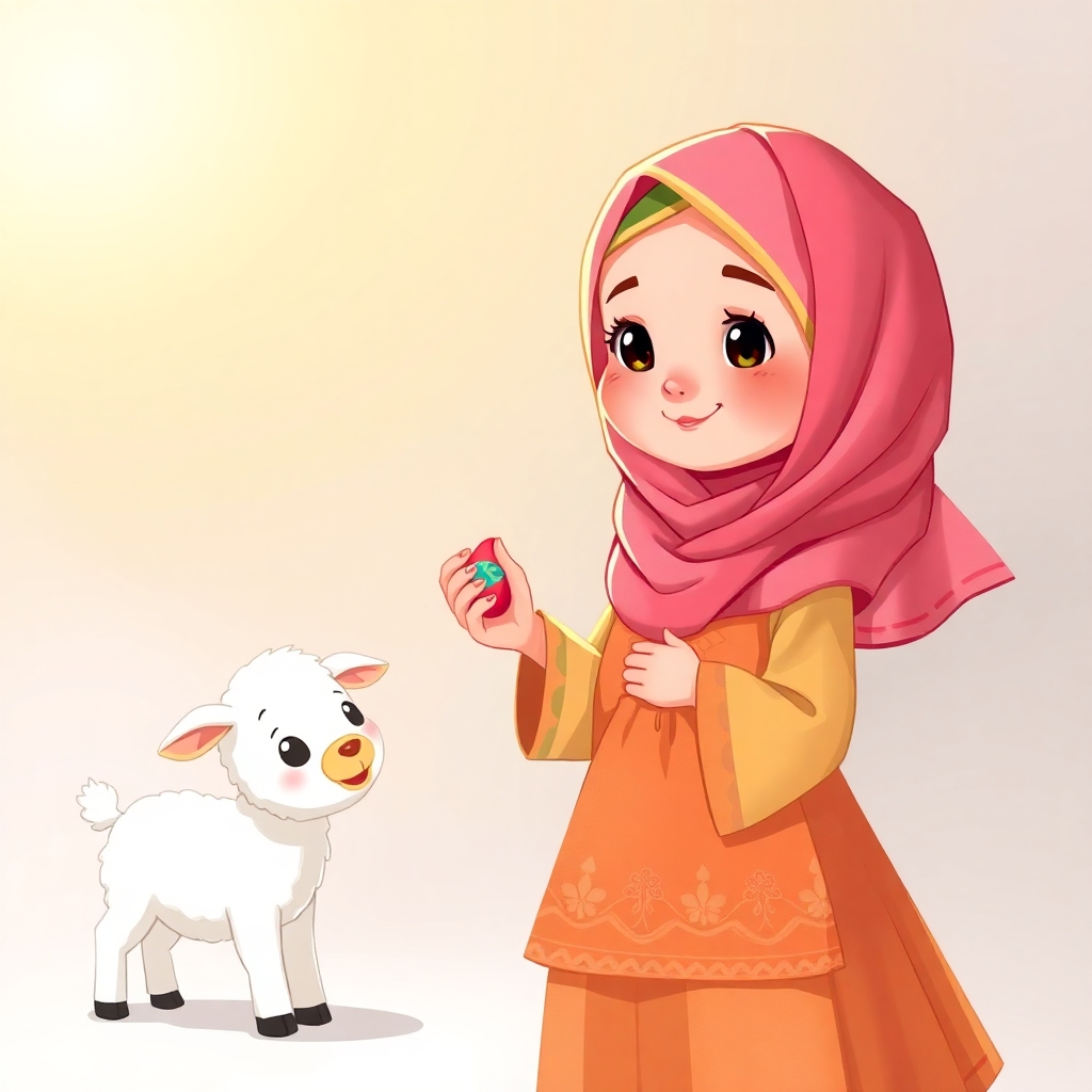 Rayyan, 2 years old girl, blonde, generous, giving away a toy to a child with A little white lamb, cute and curious, beside her. (giving:1.2), (cheerful:1.1).