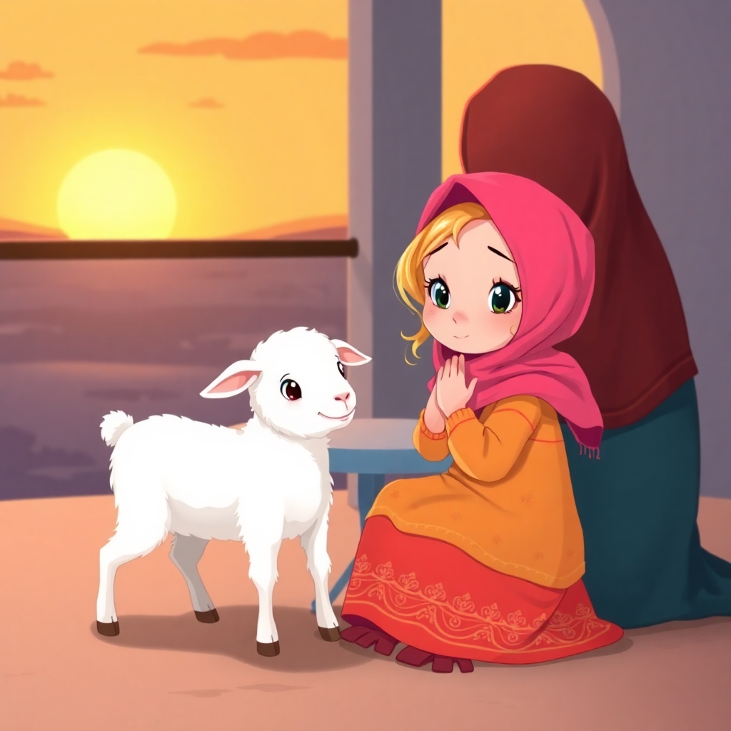 Rayyan, 2 years old girl, blonde, sitting at a table with her mommy and A little white lamb, cute and curious, waiting for sunset. (sunset:1.3), (grateful:1.1).