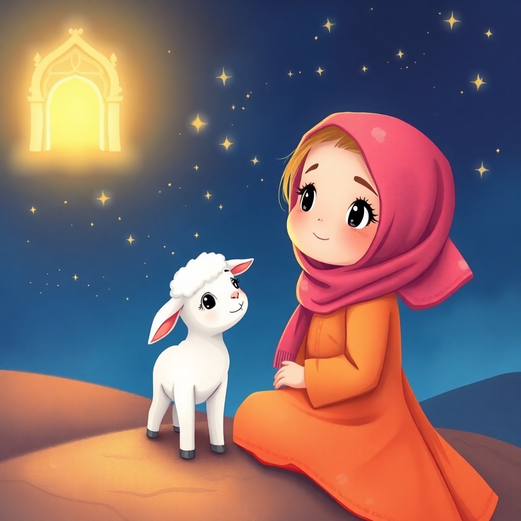 Rayyan, 2 years old girl, blonde, dreaming of a glowing gate. A little white lamb, cute and curious, is beside her in her dream. (starry night:1.3), (magical:1.1).