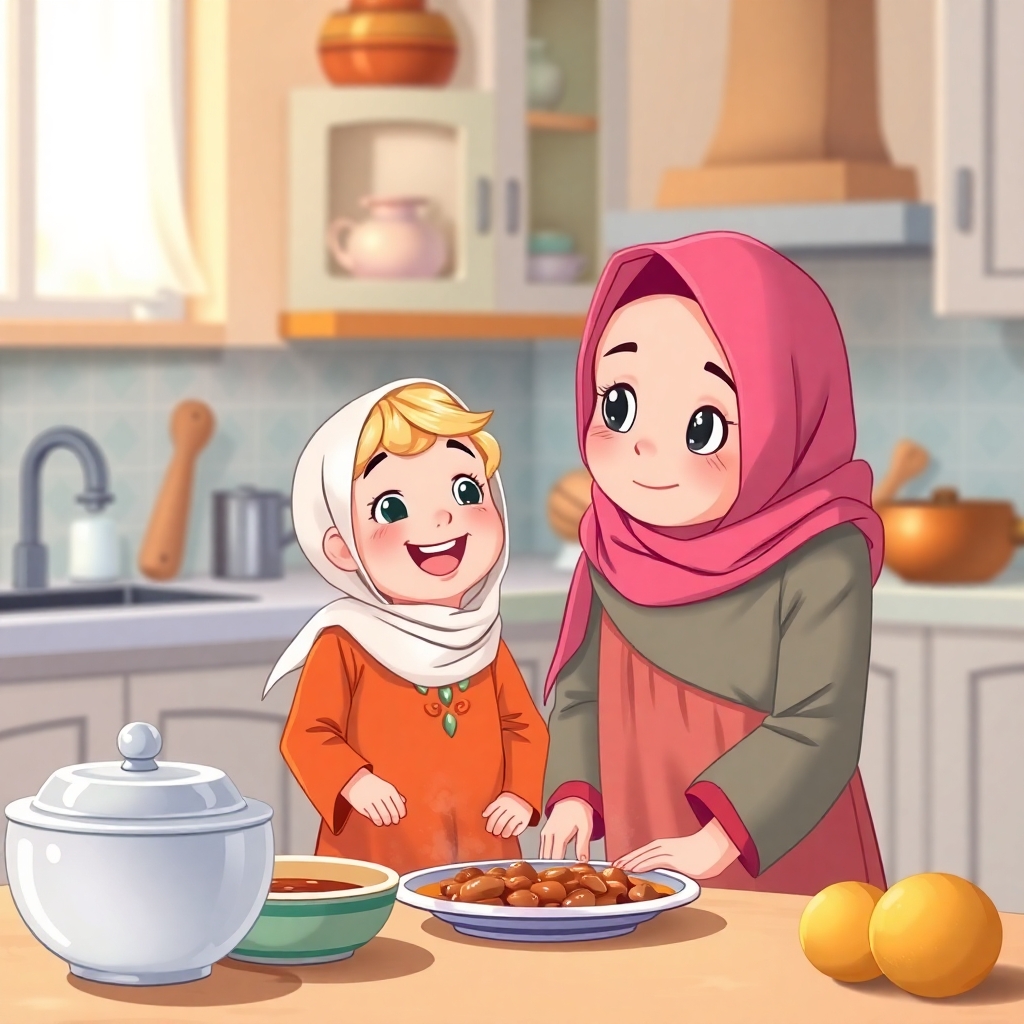 Rayyan, 2 years old girl, blonde, curious, watching her mommy prepare food. The kitchen is warm and inviting. (soft lighting:1.2).