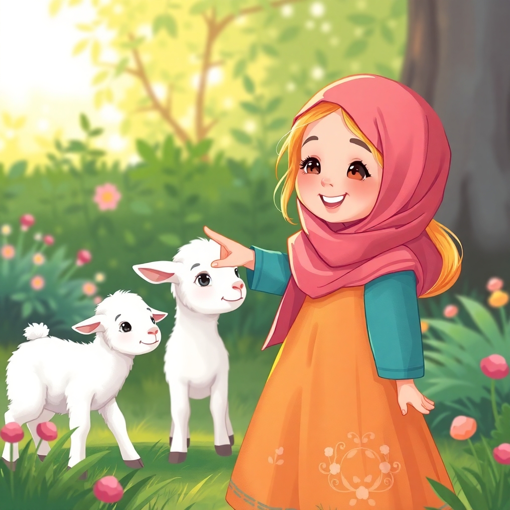 Rayyan, 2 years old girl, blonde, joyful, with A little white lamb, cute and curious, in the garden. Rayyan points towards her mommy. (daytime:1.2), (green garden:1.3).