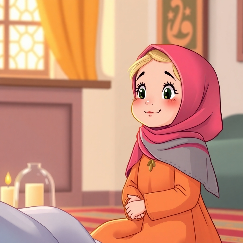Rayyan, 2 years old girl, blonde, looking thoughtful, listening to her mommy explain Ramadan. (indoor setting:1.1), (warm colors:1.2).