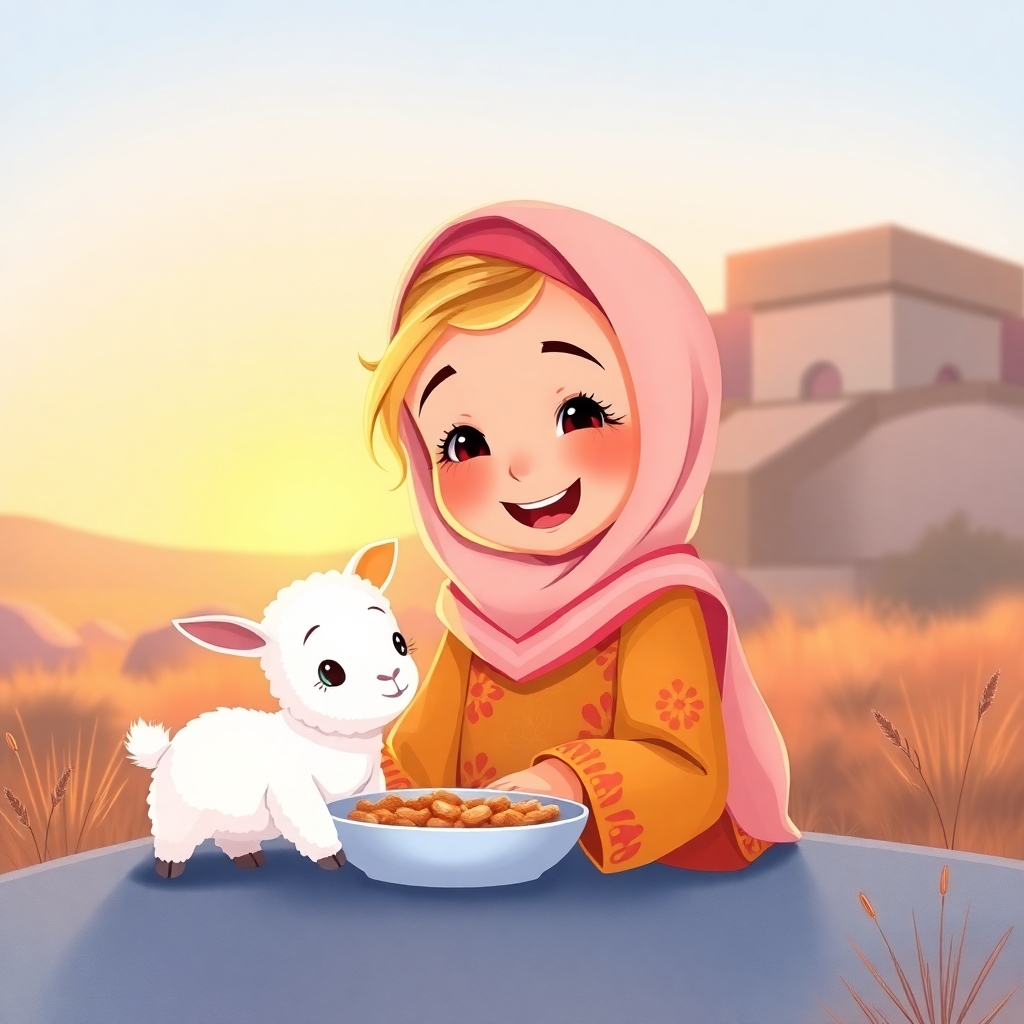 Rayyan, 2 years old girl, blonde, eating breakfast before sunrise, with A little white lamb, cute and curious, watching her. (early morning:1.2), (soft light:1.1).
