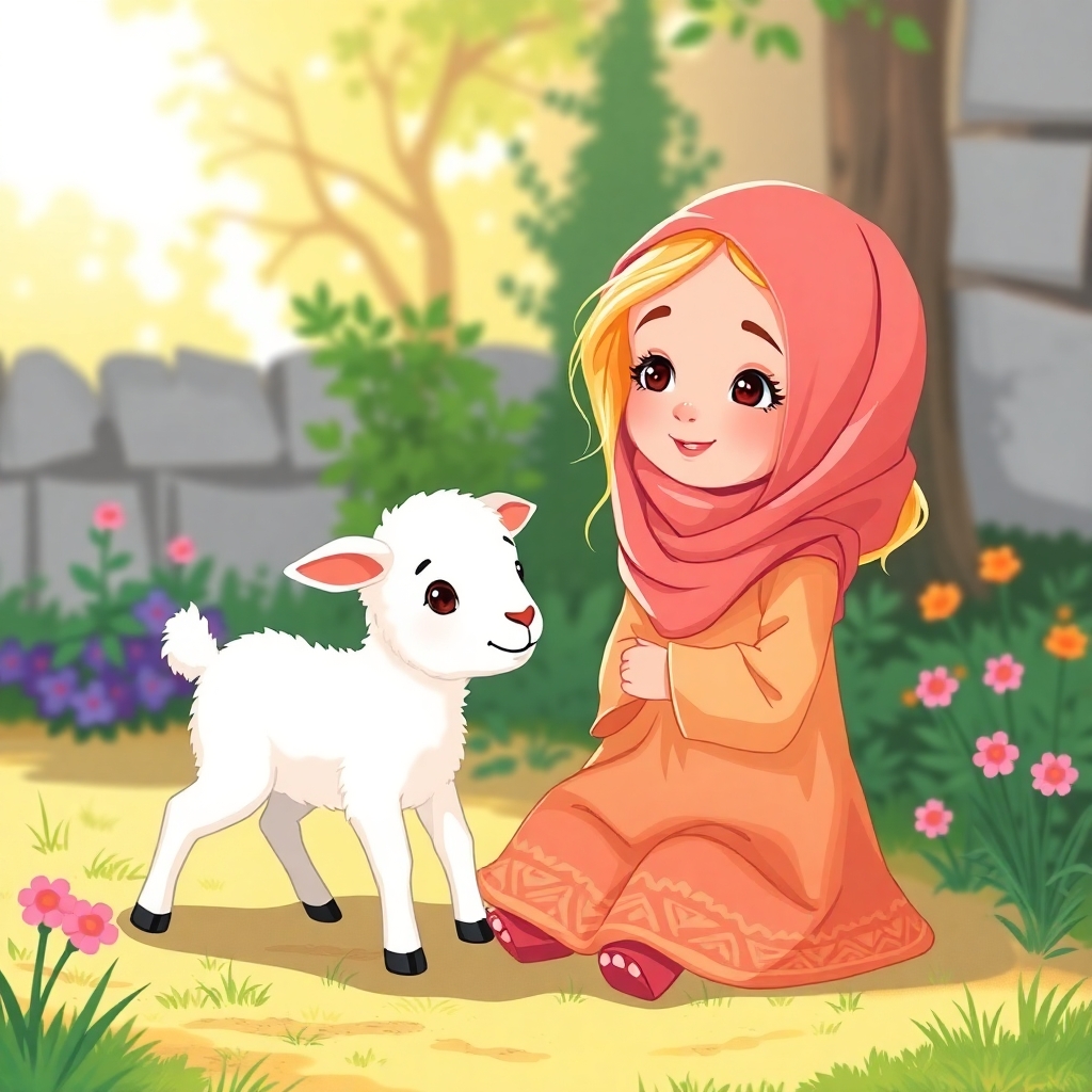 Rayyan, 2 years old girl, blonde, feeling a little hungry, playing with A little white lamb, cute and curious, in the garden. (daytime:1.2), (sunny:1.1).