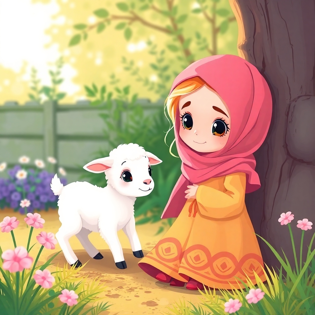 Rayyan, 2 years old girl, blonde, energetic, playing hide-and-seek with A little white lamb, cute and curious, in the garden. (daytime:1.2), (bright:1.1).