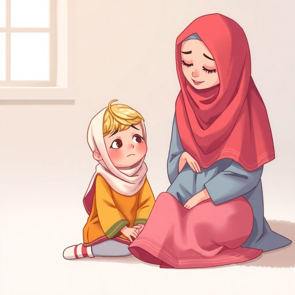 Rayyan, 2 years old girl, blonde, sad, sitting on the ground after tripping while her mother comforts her. (warm colors:1.2), (supportive:1.1).