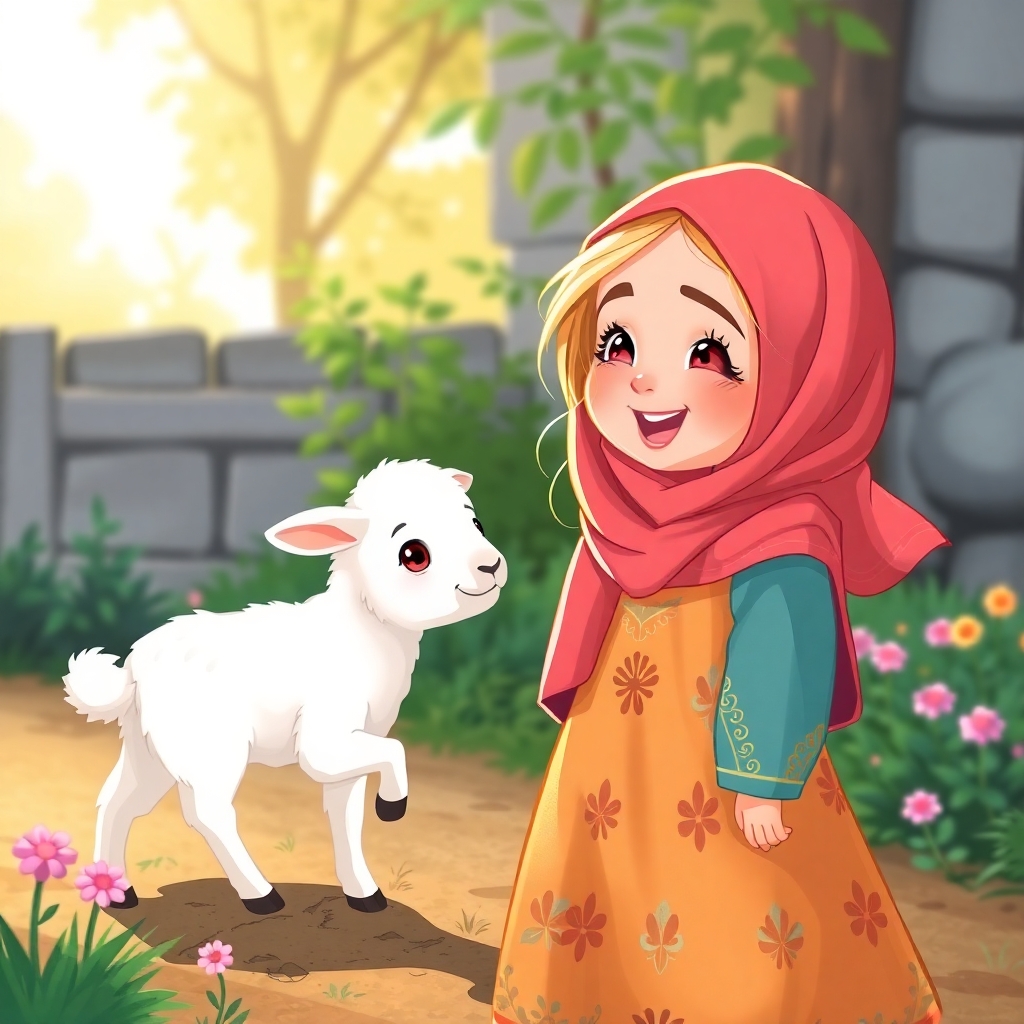 Rayyan, 2 years old girl, blonde, determined, greeting A little white lamb, cute and curious, in the garden. (early morning:1.2), (excited:1.1).