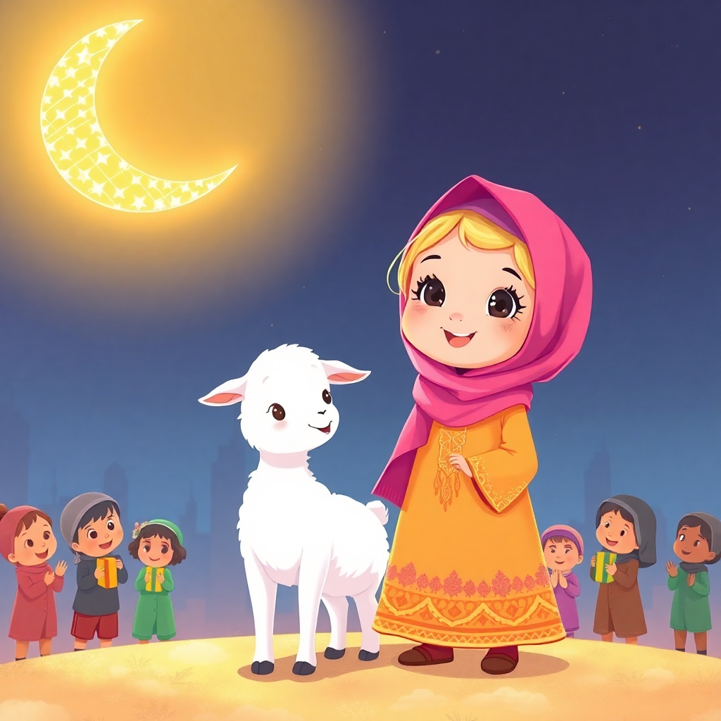 Rayyan, little girl, blonde, joyful, energetic, wearing a bright traditional dress, stands next to a little white lamb, cute and curious, under a crescent moon made of glowing stars. They are surrounded by children giving gifts to those in need, symbolizing the spirit of Ramadan. (warm lighting:1.2), (vibrant colors:1.3).