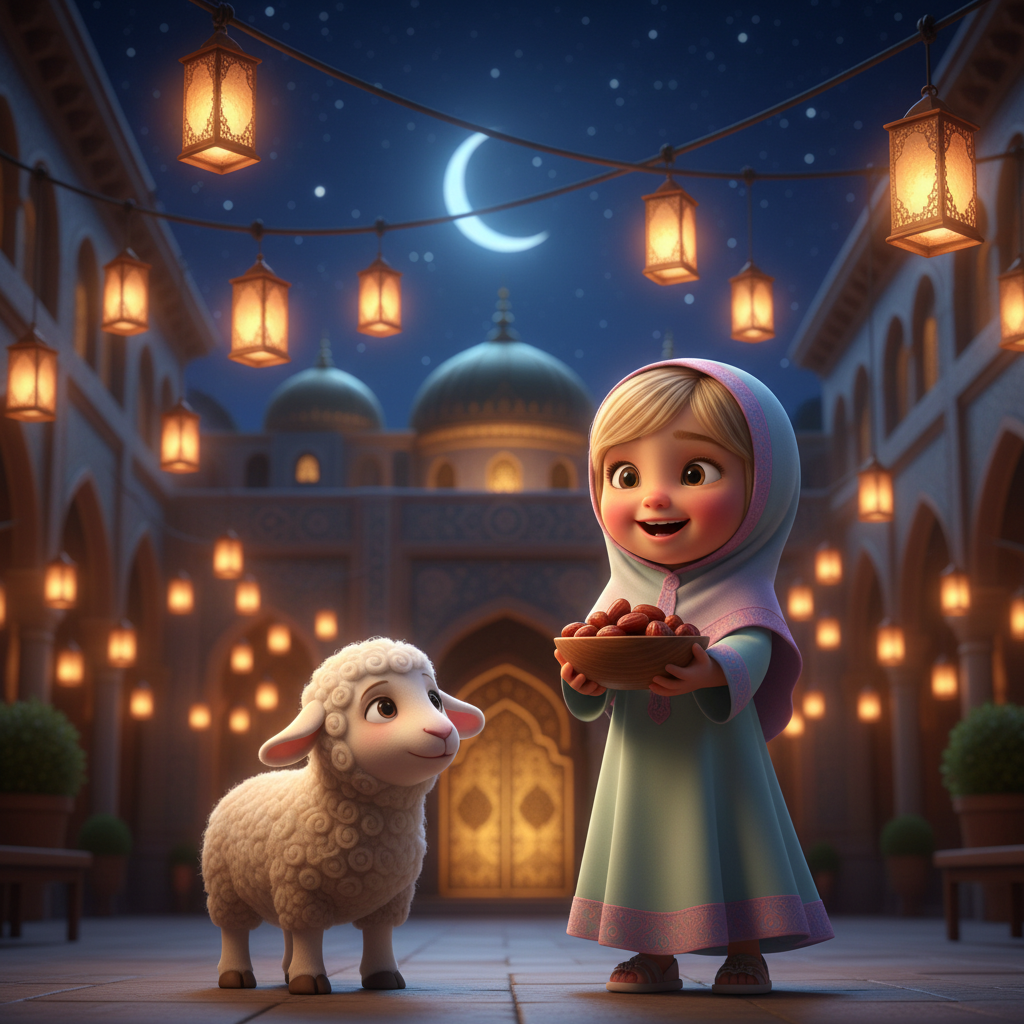 Rayyan, little girl, blonde, joyful, energetic, wearing a bright traditional dress, stands next to a little white lamb, cute and curious, under a crescent moon made of glowing stars. They are surrounded by children giving gifts to those in need, symbolizing the spirit of Ramadan. (warm lighting:1.2), (vibrant colors:1.3).