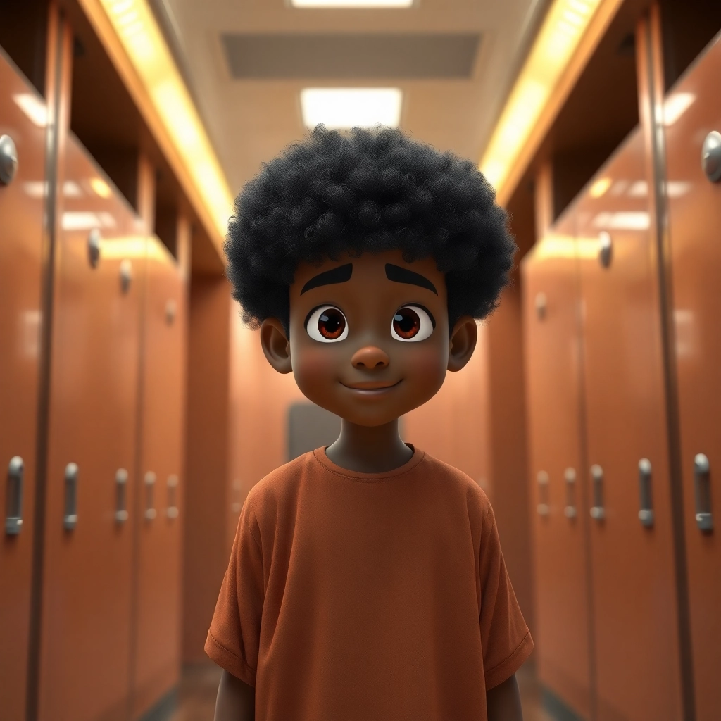 Talha, None boy with black curly hair, brown skin color, wearing African clothing, Talha enters the A team's locker room for the first time., The A team's locker room., Well-lit with a professional atmosphere. and Nervous but excited., Pixar-like character design, octane render, highly detailed., Medium shot from Talha's perspective.,