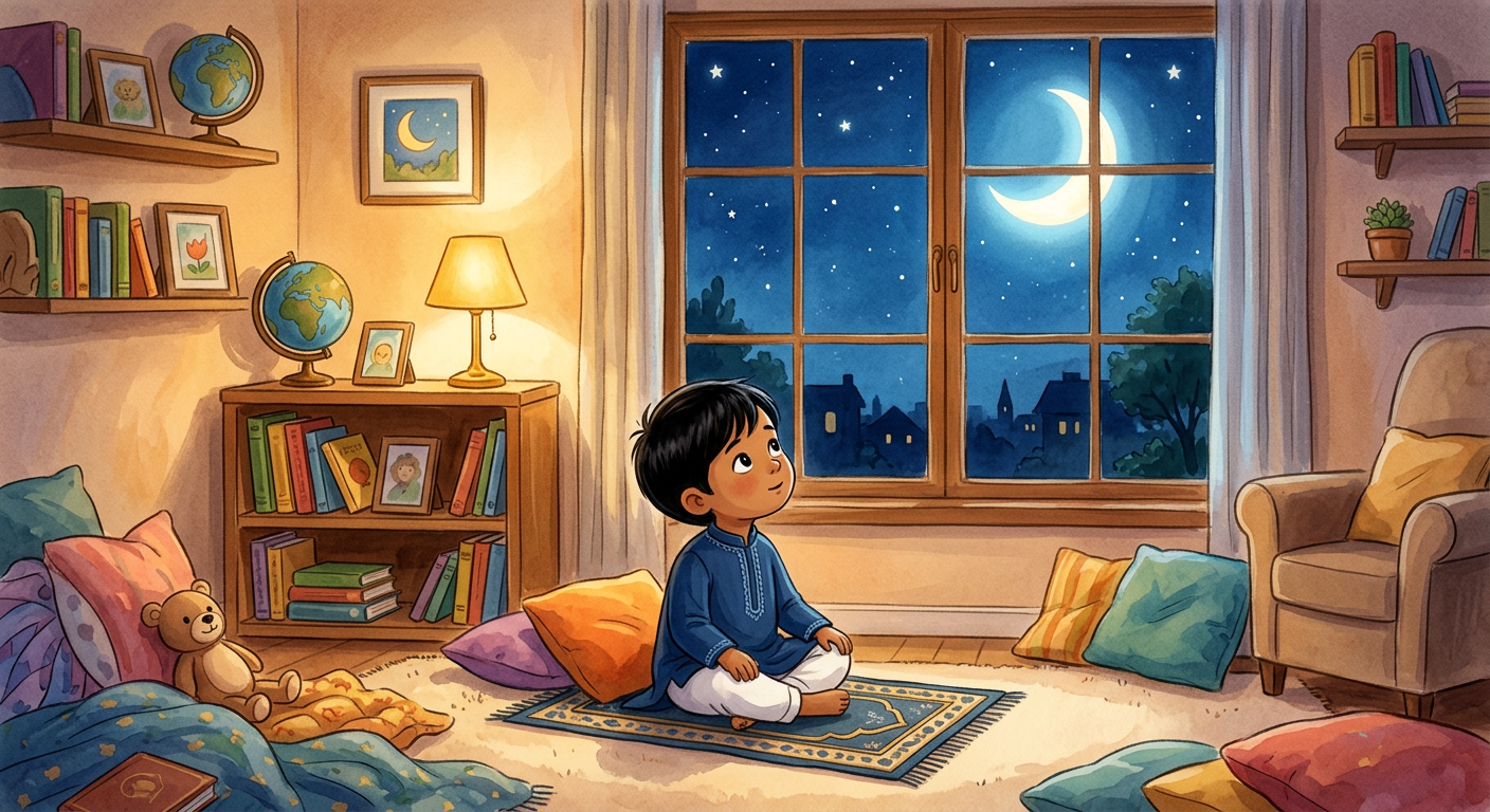Ubeyde, toddler boy with black straight hair, medium skin color, wearing Islamic clothing, A young boy with black straight hair sits peacefully on a small prayer rug looking at a glowing crescent moon through a window, A cozy, warm living room with a bookshelf and soft cushions, Soft blue moonlight mixed with warm indoor golden lamp light and Peaceful and spiritual, Illustration for Children's Book, Wide shot showing the boy and the large window with the night sky, 