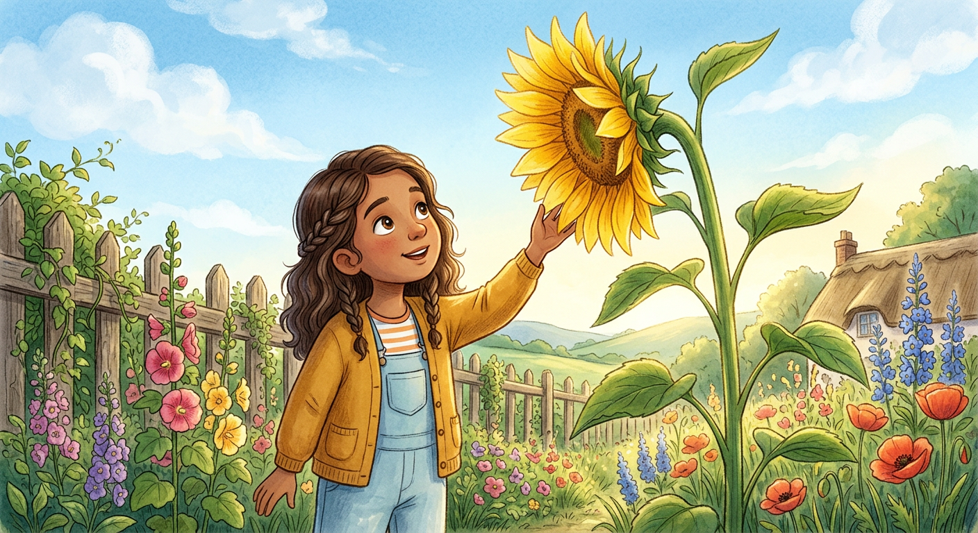 Zeyneb, young child girl with brown wavy hair, medium skin color, wearing Casual clothing, a young girl with brown wavy hair and medium skin tone hugging a giant bright yellow sunflower, a peaceful, lush backyard garden with soft grass, golden hour sunlight with a warm glow and joyful and triumphant, Illustration for Children's Book, wide shot showing the girl and the tall flower against a soft sky background, minimalist children's book illustration, purely illustrative, strictly no text, no realism, soft pastel colors, gentle and pleasing tones, 